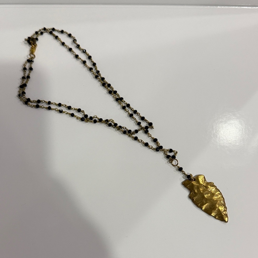 Gold Arrowhead Pendant Necklace with Black Bead Chain